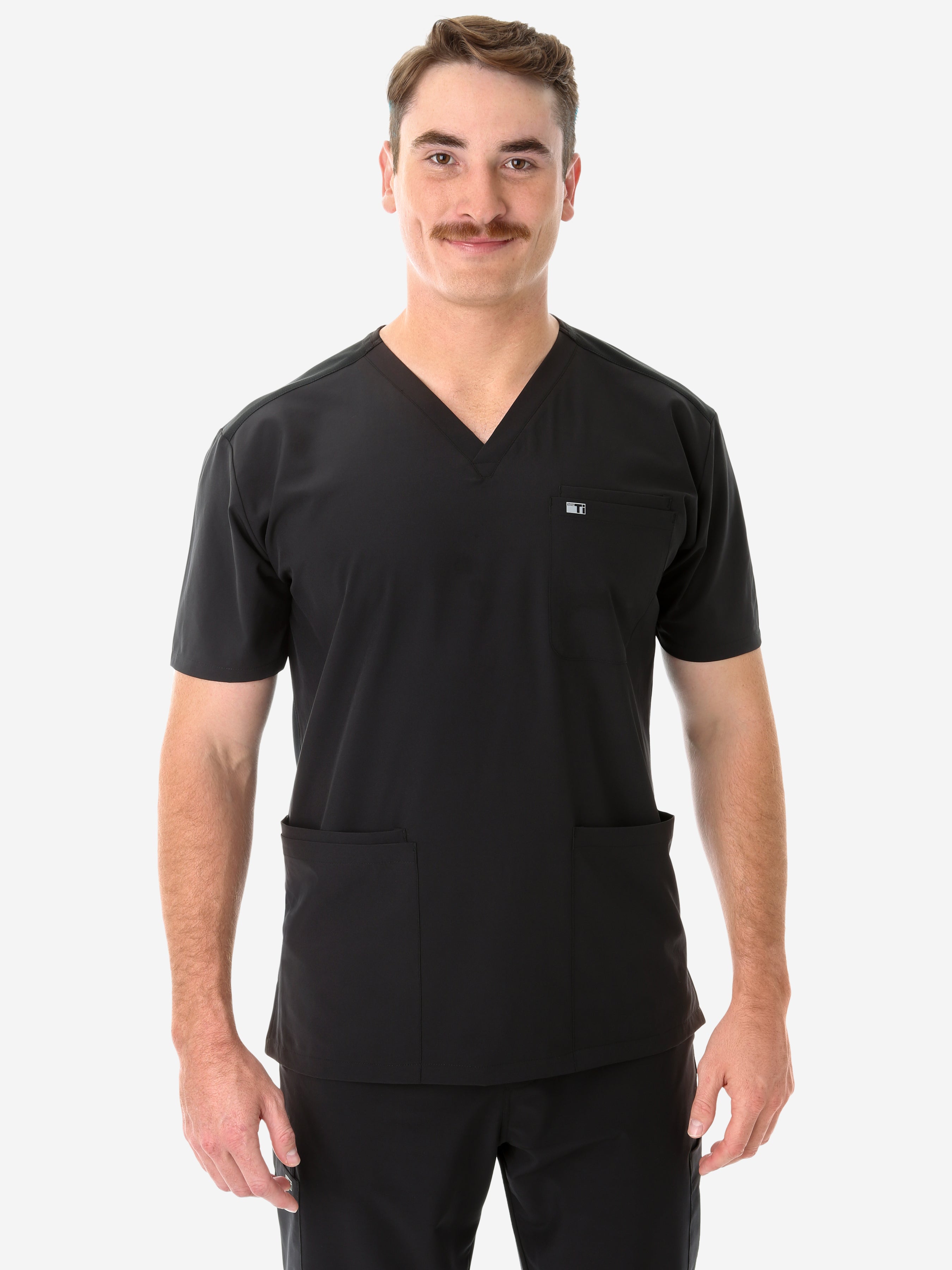 Men&#39;s Real Black Five-Pocket Scrub Top Only Front View