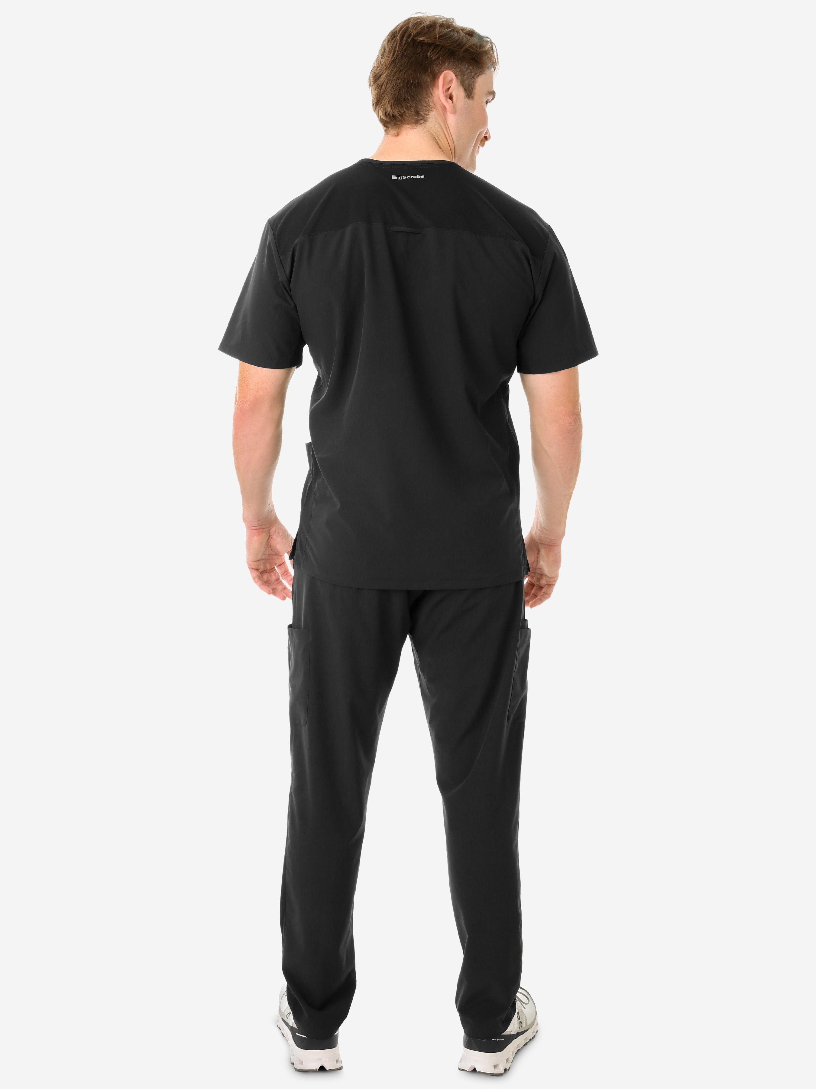 Men&#39;s Real Black Five-Pocket Scrub Full Body Back View with 9-Pocket Pants