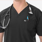 Men's Real Black Five-Pocket Scrub Closeup of V-neck and Chest Pockets