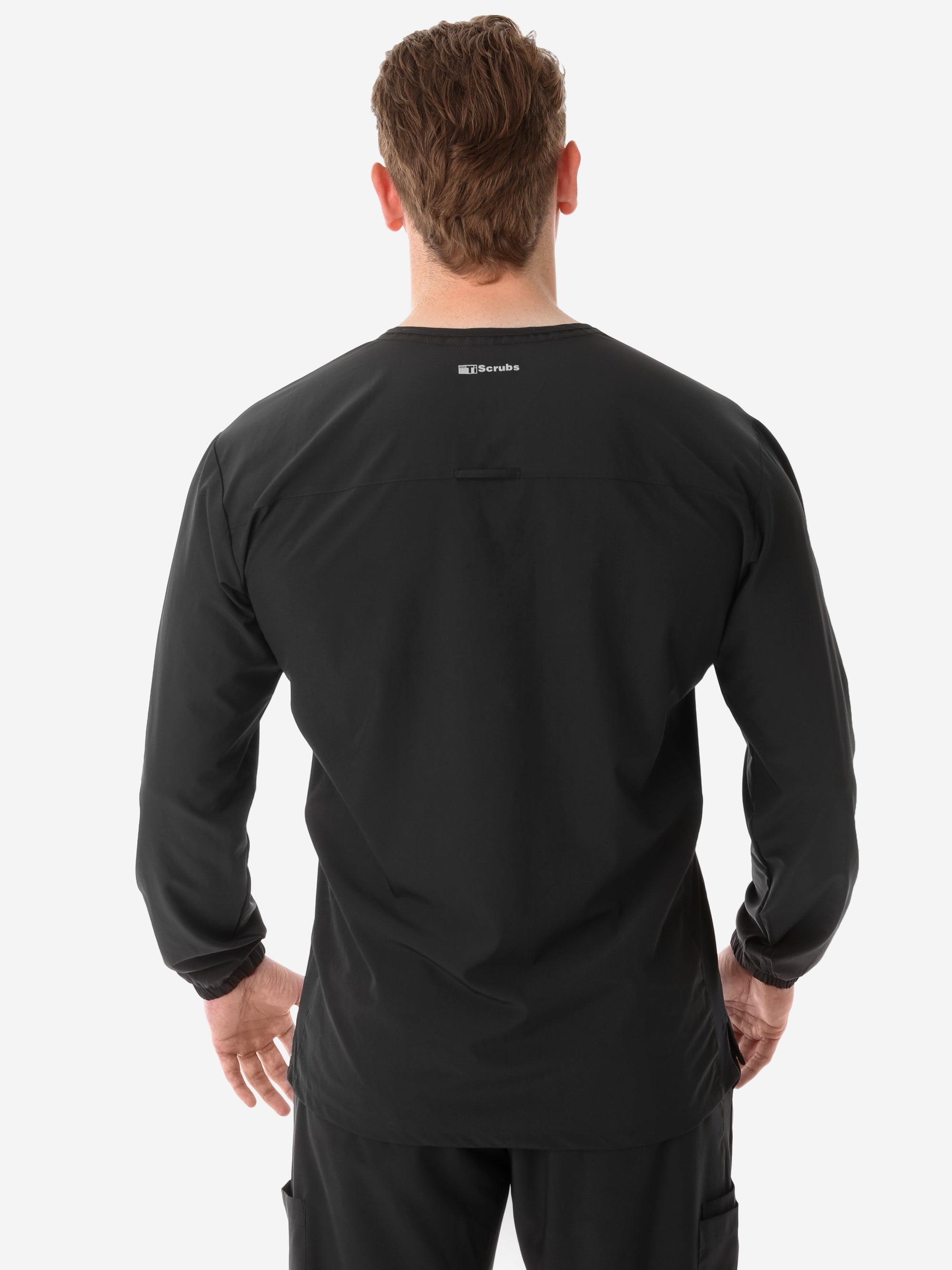 Men&#39;s Long Sleeve Scrub Top with Two Chest Pockets Real Black Top Only Back View
