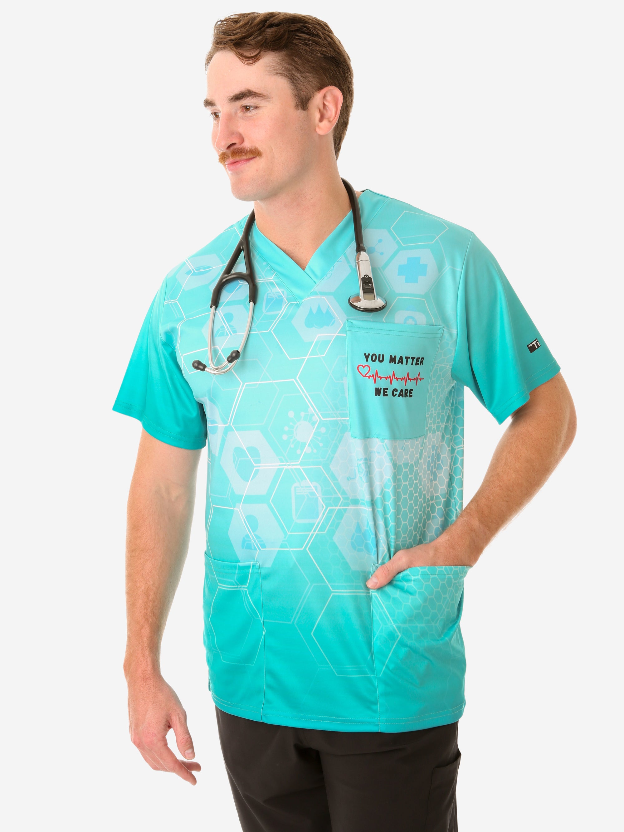 Men&#39;s The University of Kansas Health System Scrub Top Design Contest Winner You Matter We Care Top Only Front View Looking to Side