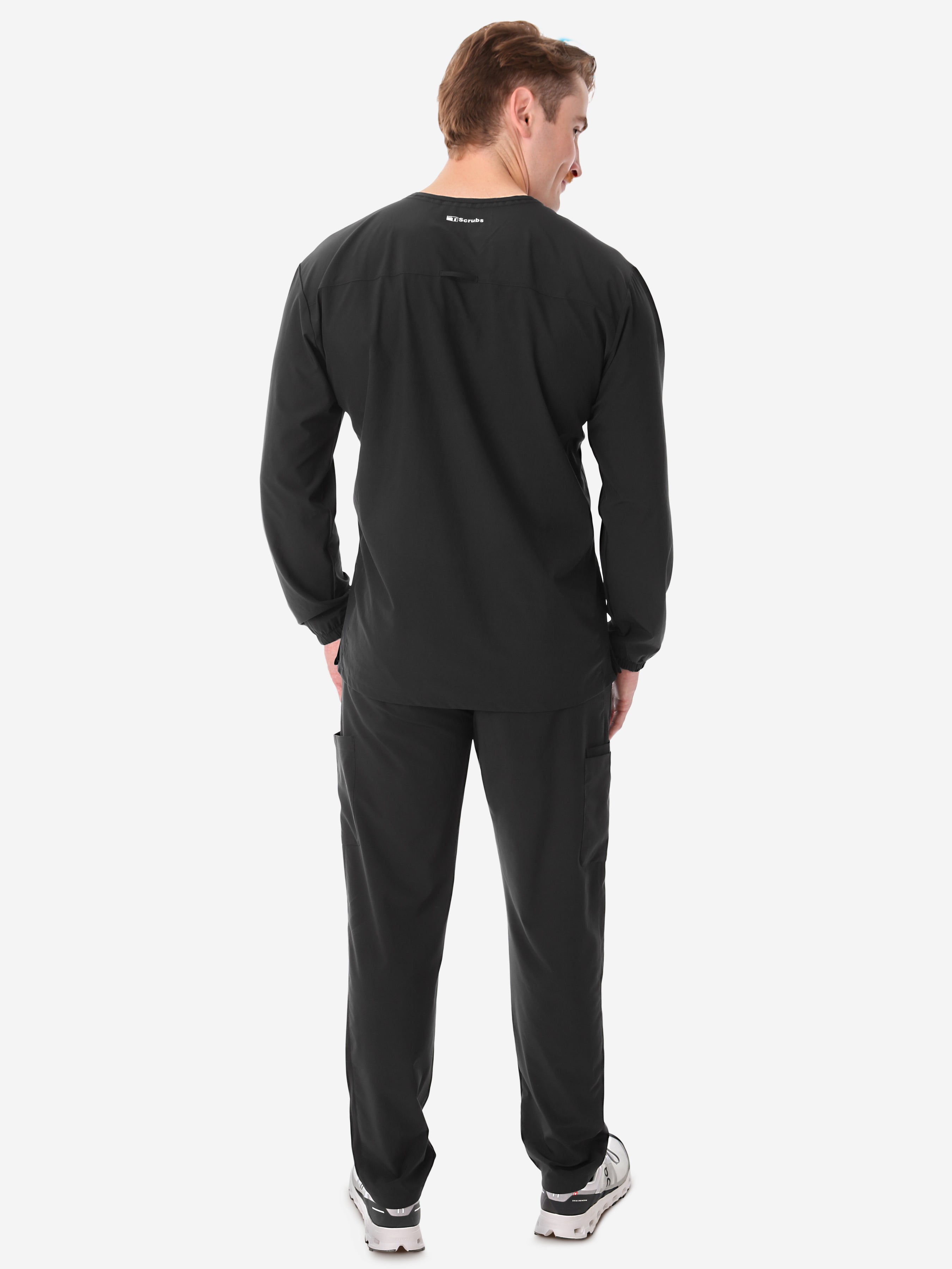 Men&#39;s Long Sleeve Scrub Top with Two Chest Pockets Real Black Full Body Back View