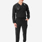 Men's Long Sleeve Scrub Top with Two Chest Pockets Real Black Full Body Front View with Stethoscope