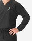 Men's Long Sleeve Scrub Top with Two Chest Pockets Real Black Front View Pockets Closeup