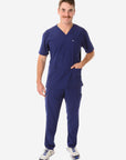 Men's Navy Blue Five-Pocket Scrub Top Full Body Front View with 9-Pocket Pants