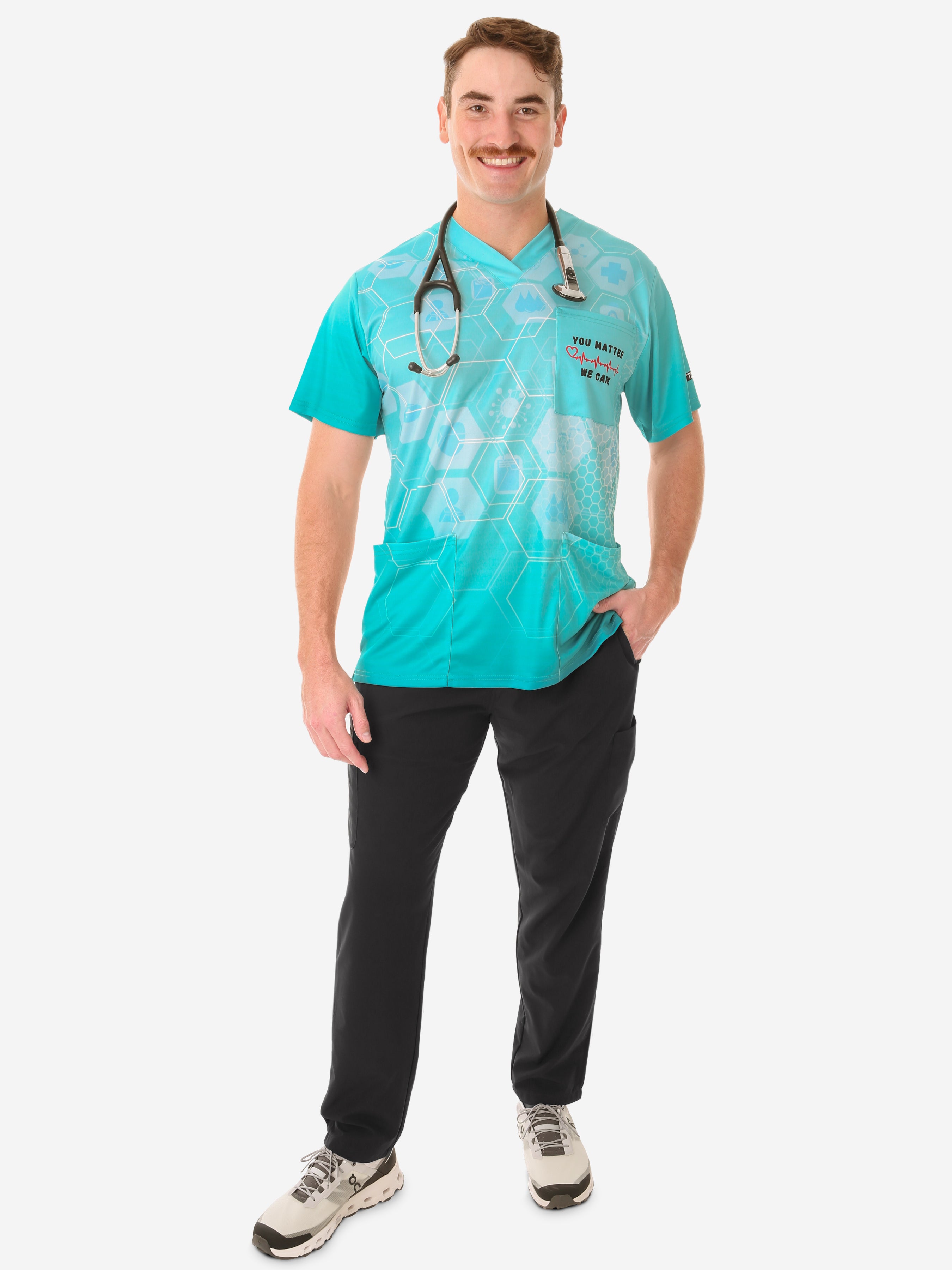 Men's The University of Kansas Health System Scrub Top Design Contest Winner You Matter We Care Full Body Front View