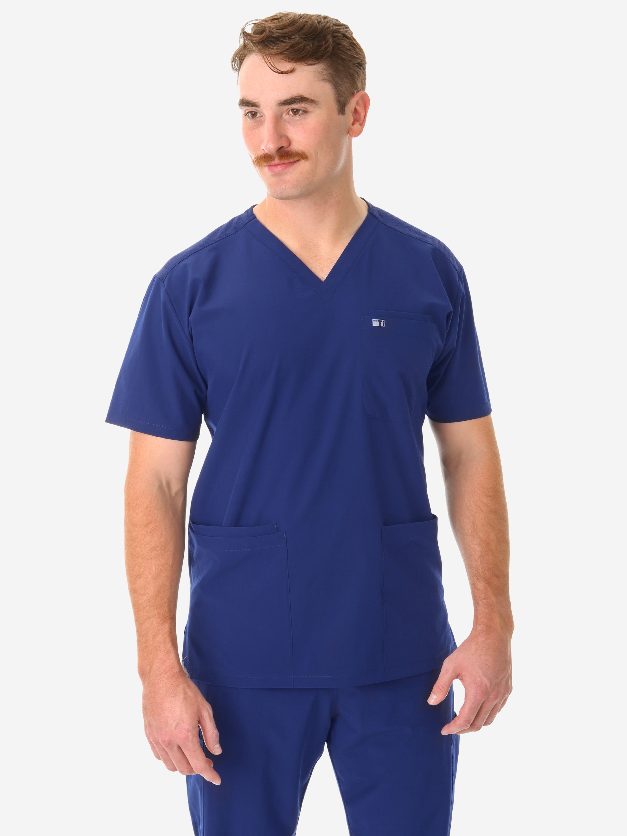 Men&#39;s Navy Blue Five-Pocket Scrub Top Only Front View