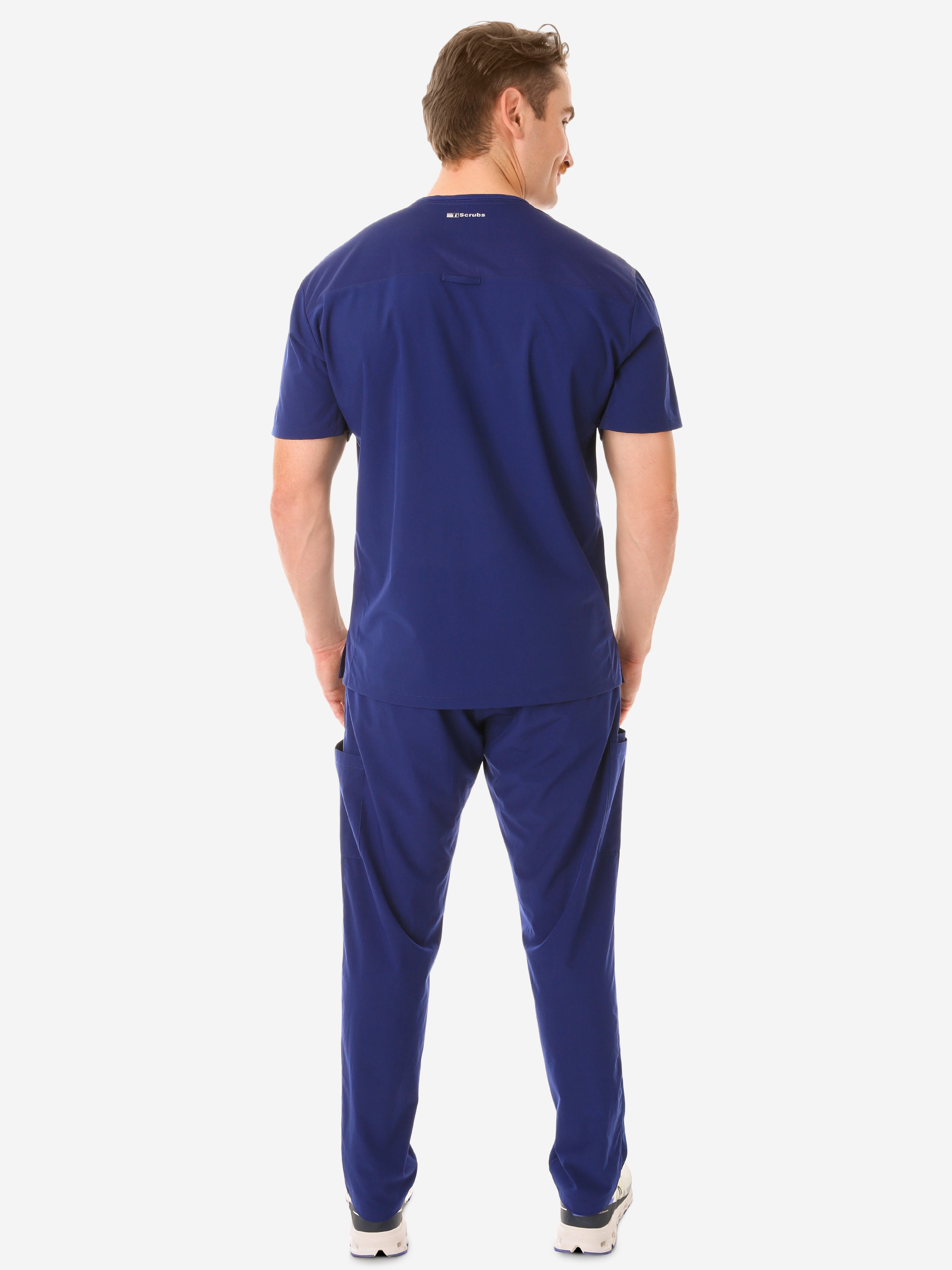 Men's Navy Blue Five-Pocket Scrub Full Body Back View with 9-Pocket Pants