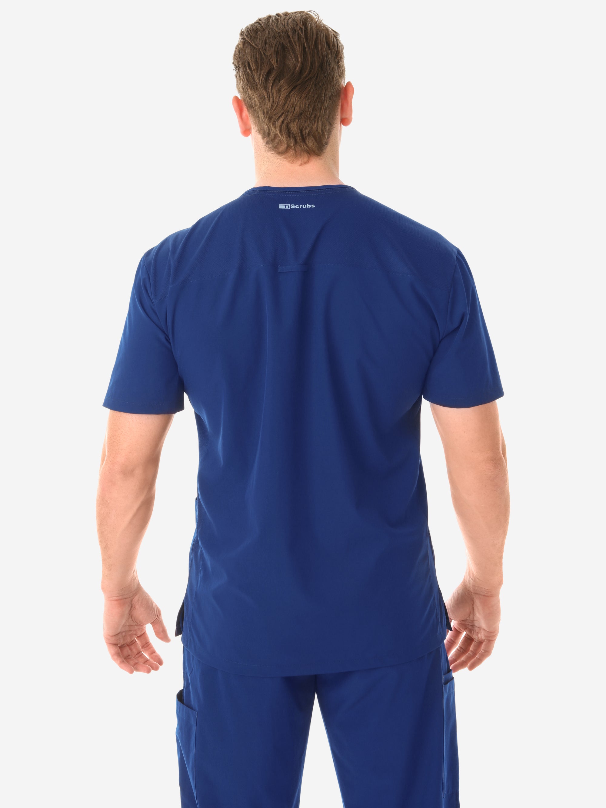 Navy Blue Men&#39;s Five-Pocket Scrub Top Top Only Back View