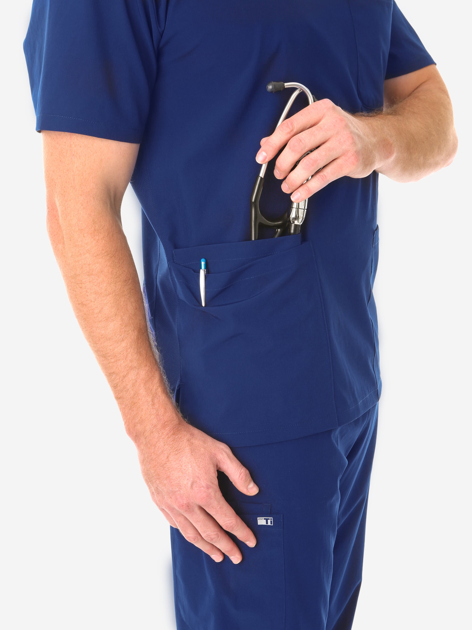 Men&#39;s Five-Pocket Scrub Top Navy Blue Closeup Lower Pocket with Stethoscope
