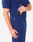 Men's Five-Pocket Scrub Top Navy Blue Closeup Lower Pocket with Stethoscope