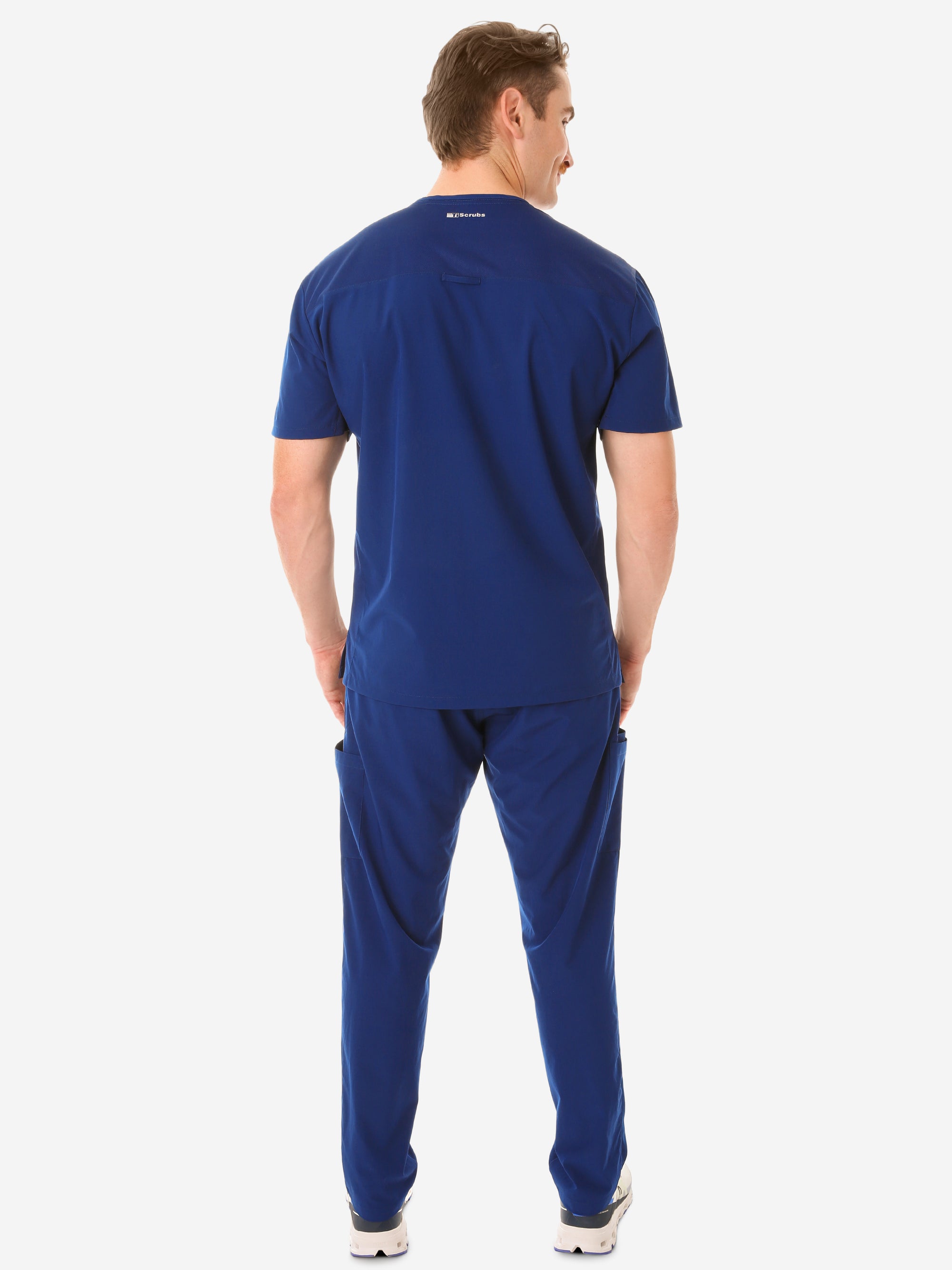 Men&#39;s Navy Five-Pocket Scrub Top Full Body Back with 9-Pocket Pants