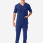 Men's Navy Blue Five-Pocket Scrub Top Full Body Front View with 9-Pocket Pants