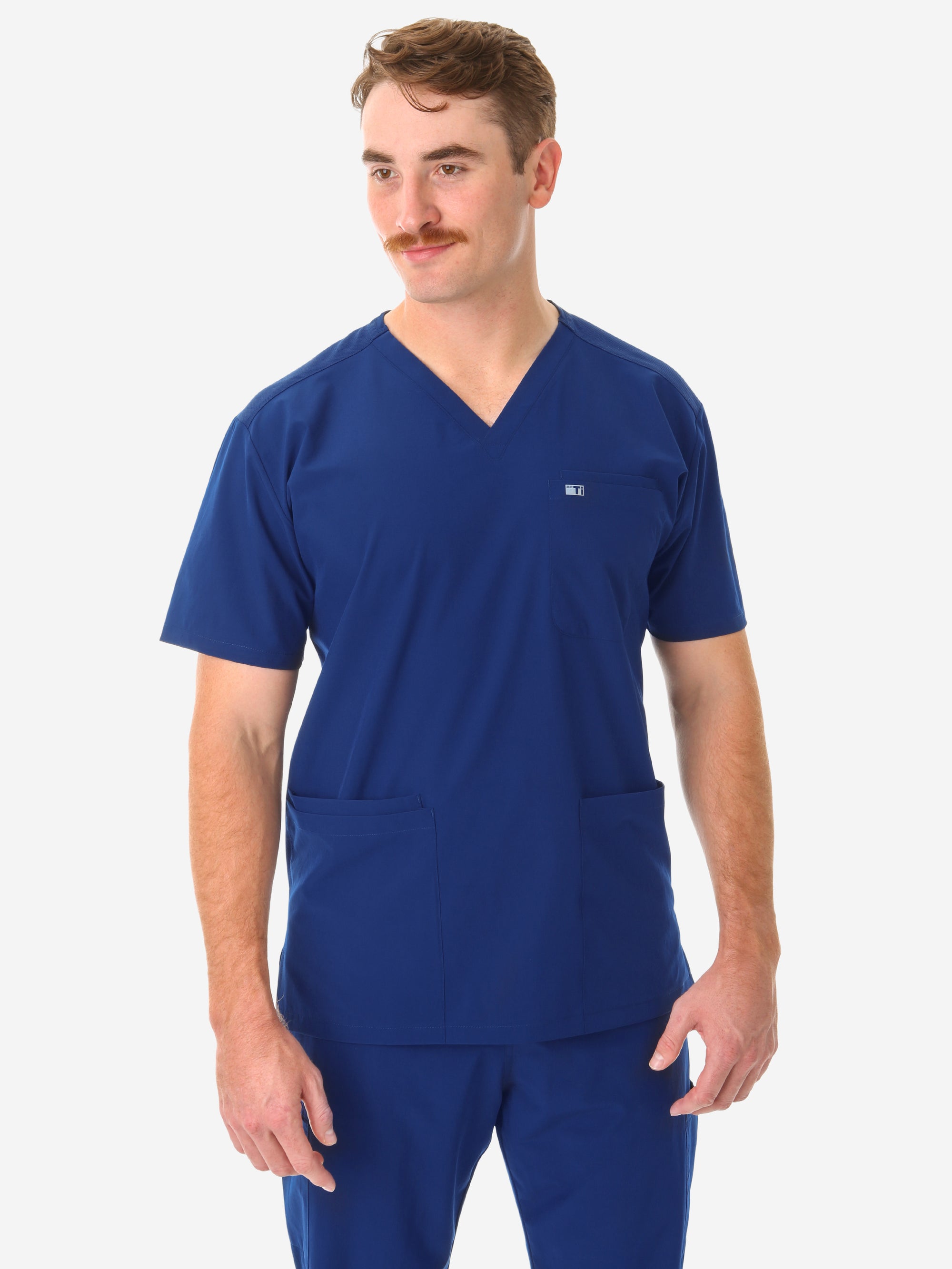 Men&#39;s Navy Blue Five-Pocket Scrub Top Top Only Front 