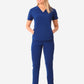 Women's Navy Blue Stash-Pocket Scrub Top Full Body Front with 9-Pocket Pants