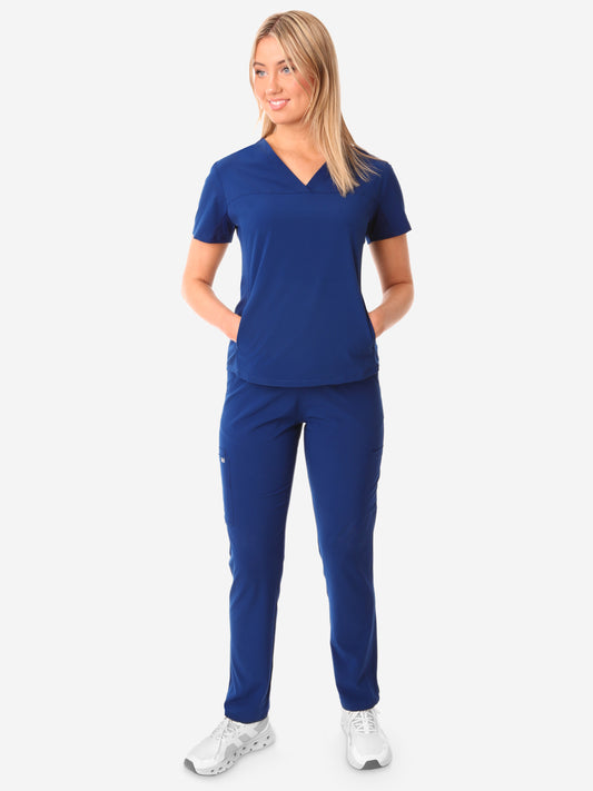 Women's Navy Blue Stash-Pocket Scrub Top Full Body Front with 9-Pocket Pants