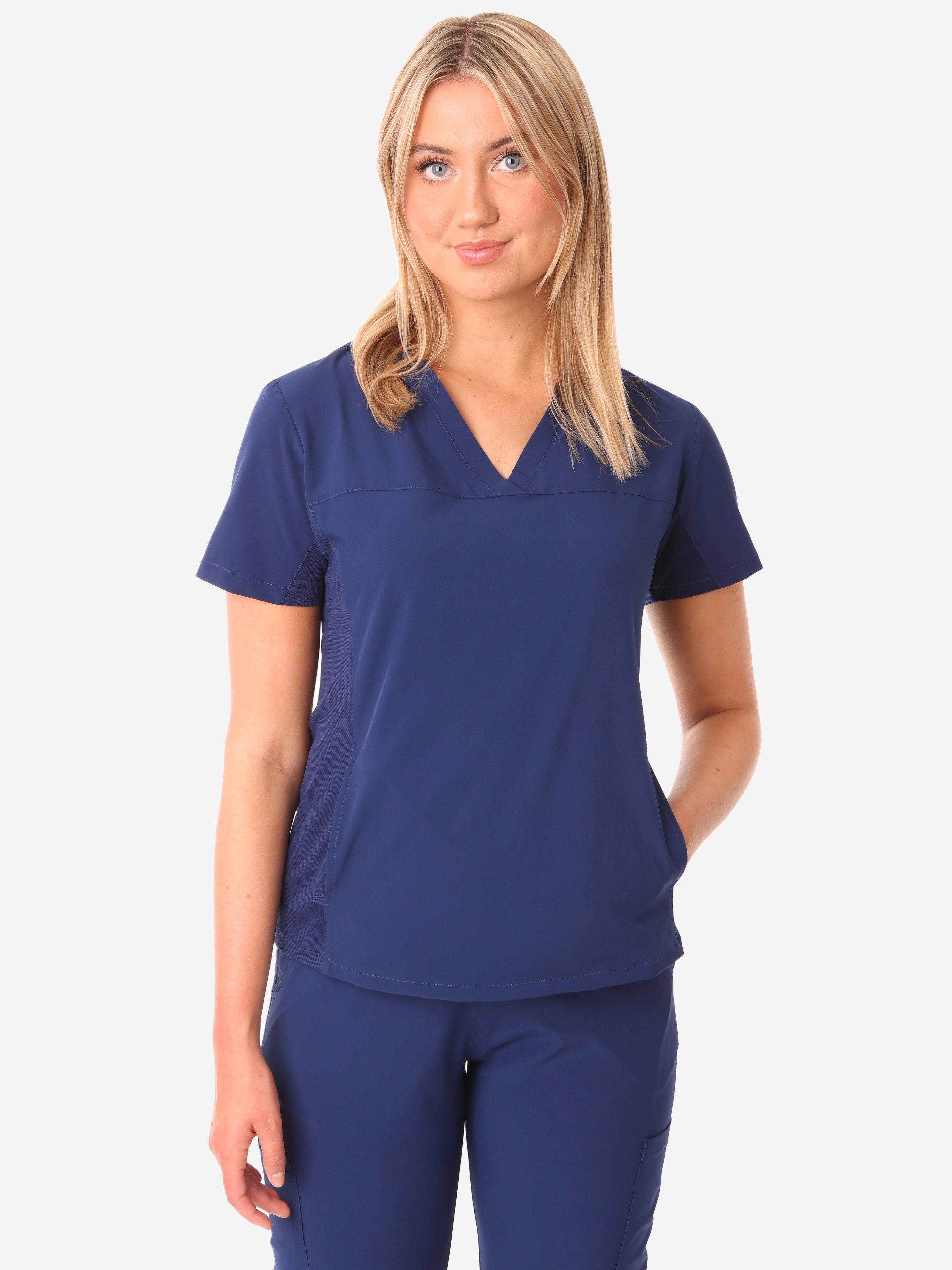 TiScrubs Stretch Women&#39;s Navy Blue Stash-Pocket Scrub Top Only Front View
