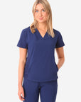 TiScrubs Stretch Women's Navy Blue Stash-Pocket Scrub Top Only Front View