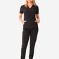 TiScrubs Stretch Women's Real Black Stash-Pocket Scrub Top + 9-Pocket Pants Full Body Front View