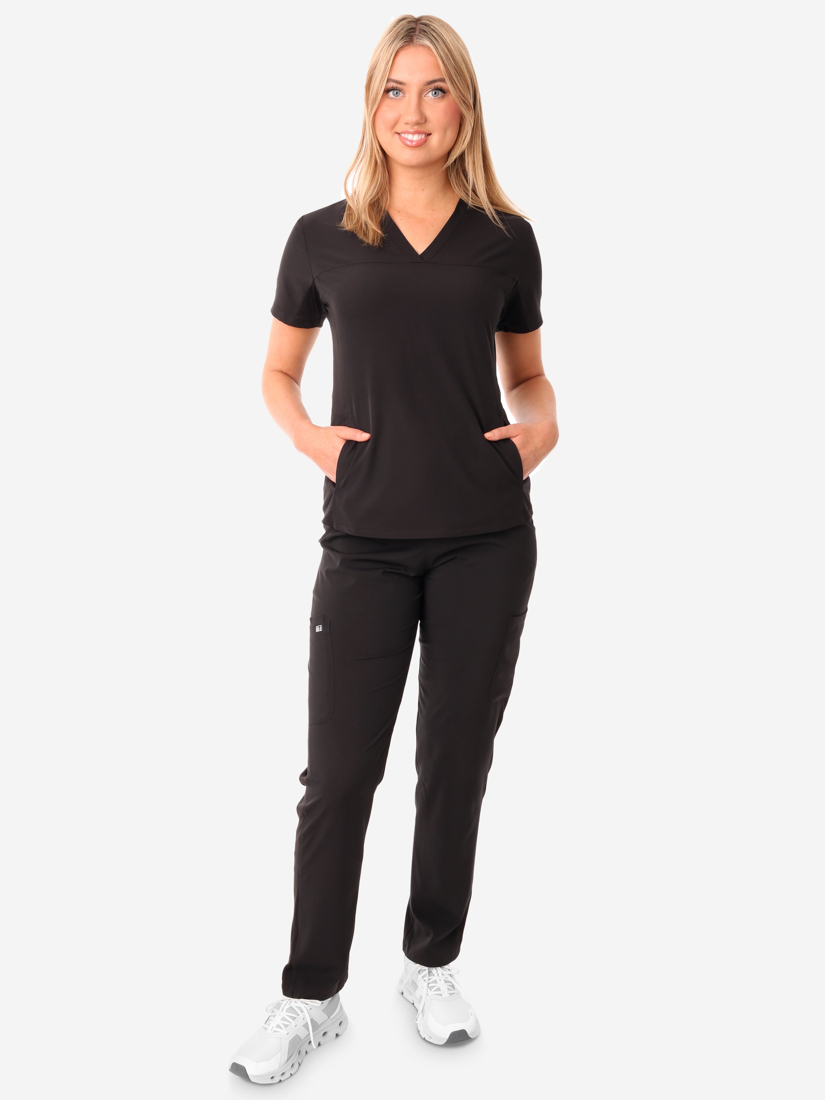TiScrubs Stretch Women&#39;s Real Black Stash-Pocket Scrub Top + 9-Pocket Pants Full Body Front View