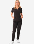 TiScrubs Stretch Women's Real Black Stash-Pocket Scrub Top + 9-Pocket Pants Full Body Front View