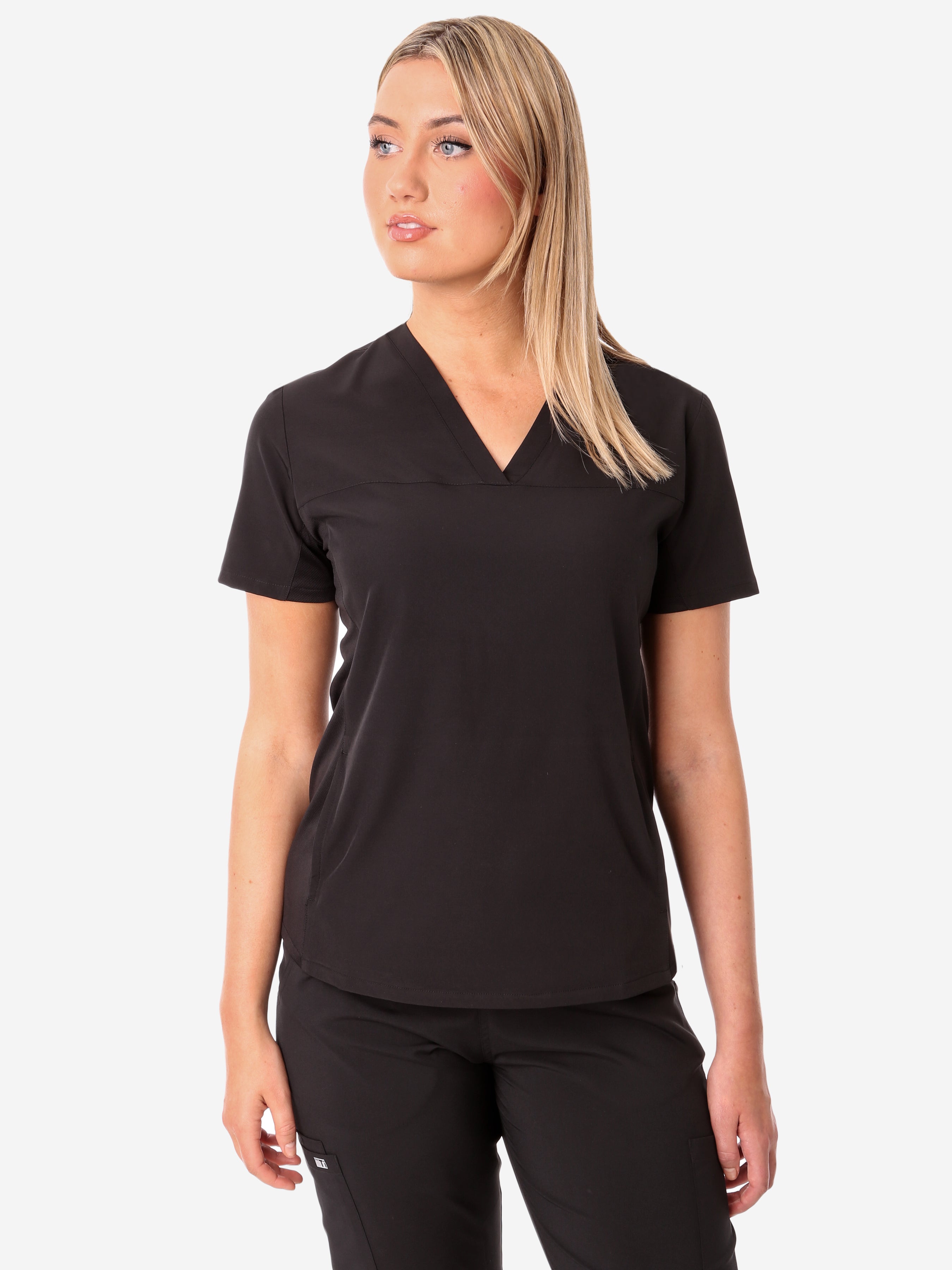 TiScrubs Stretch Women&#39;s Real Black Stash-Pocket Scrub Top Only Front View