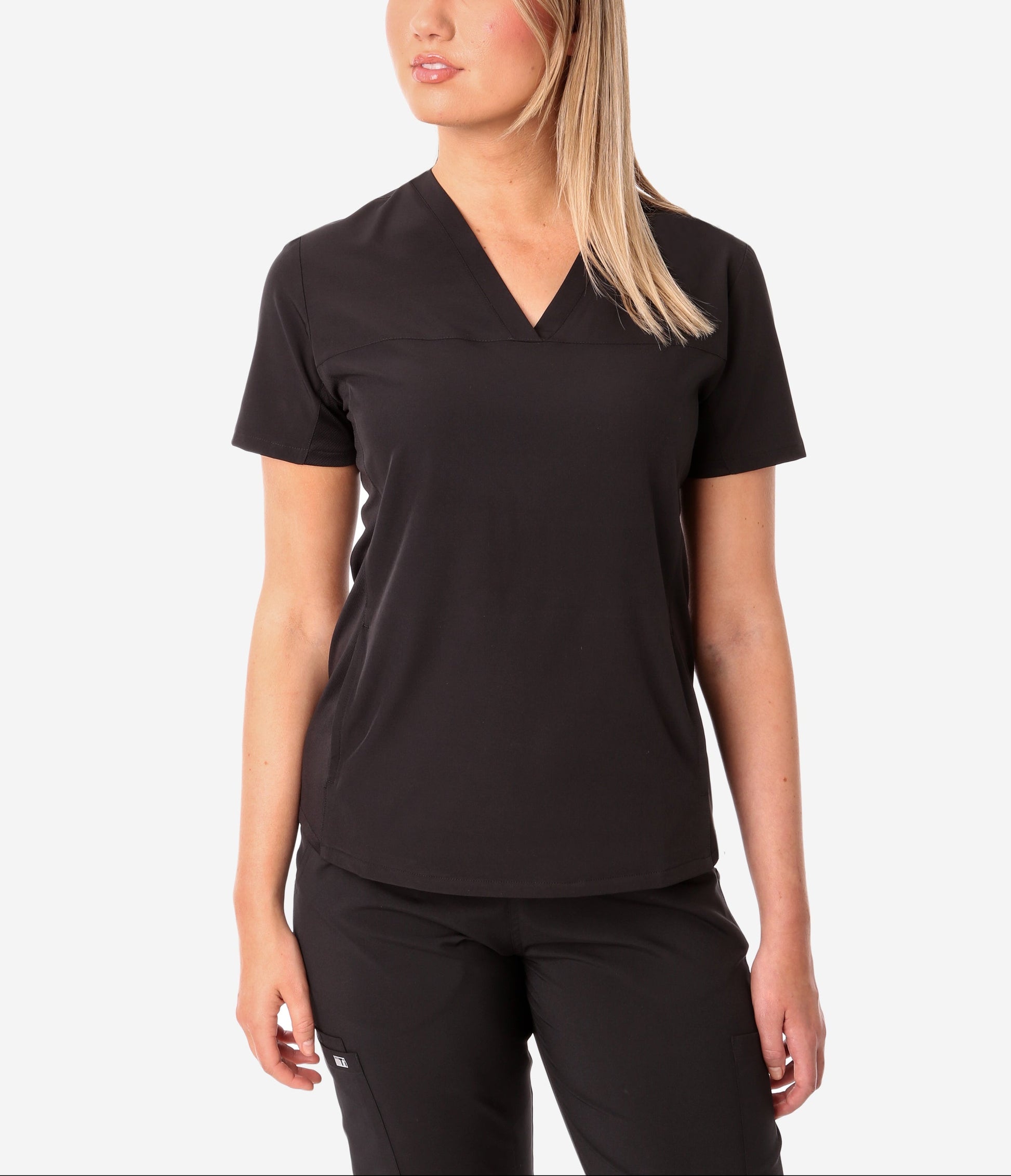 TiScrubs Stretch Women's Real Black Stash-Pocket Scrub Top Only Front View