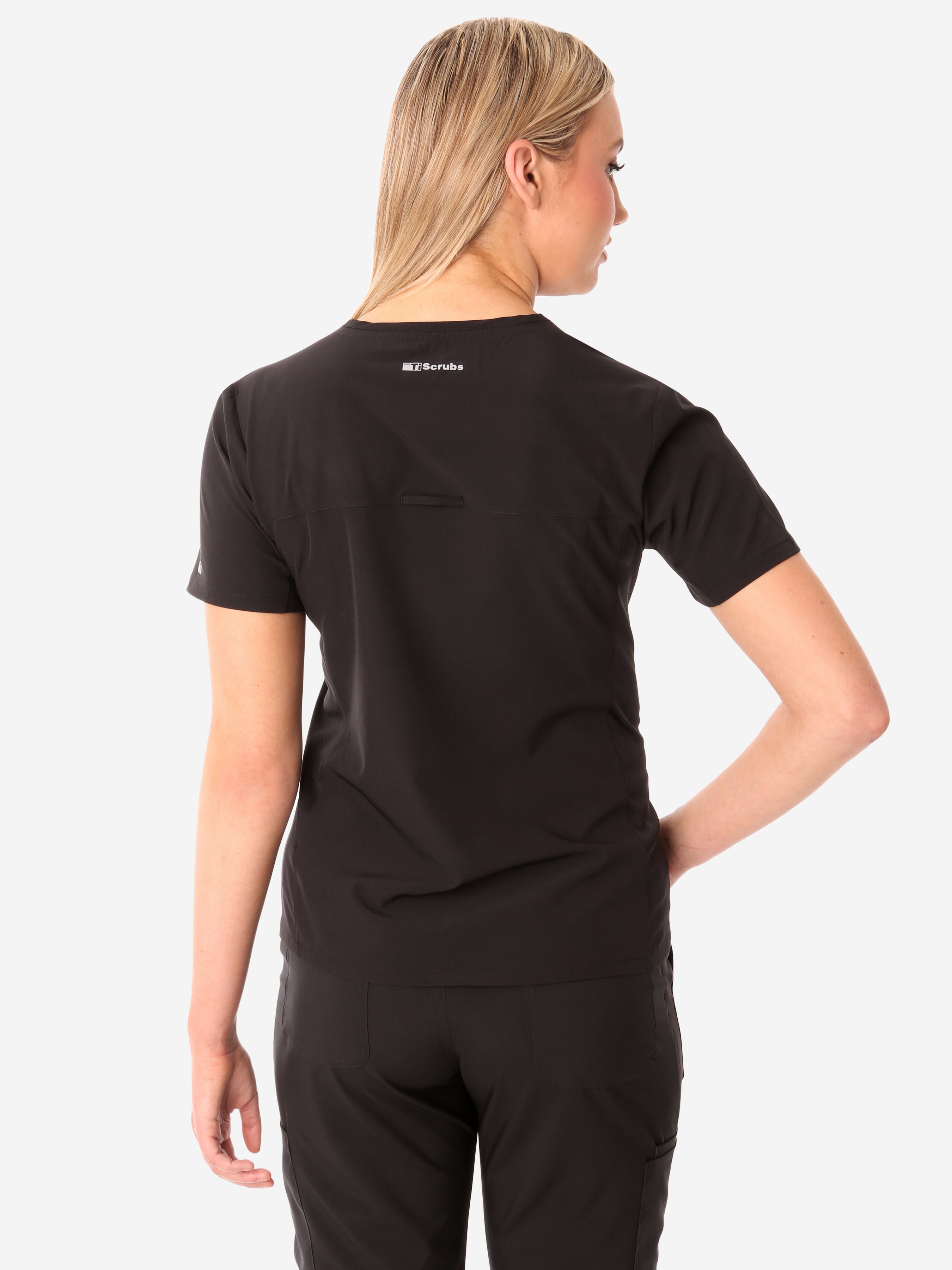 TiScrubs Stretch Women&#39;s Real Black Stash-Pocket Scrub Top Only Back View