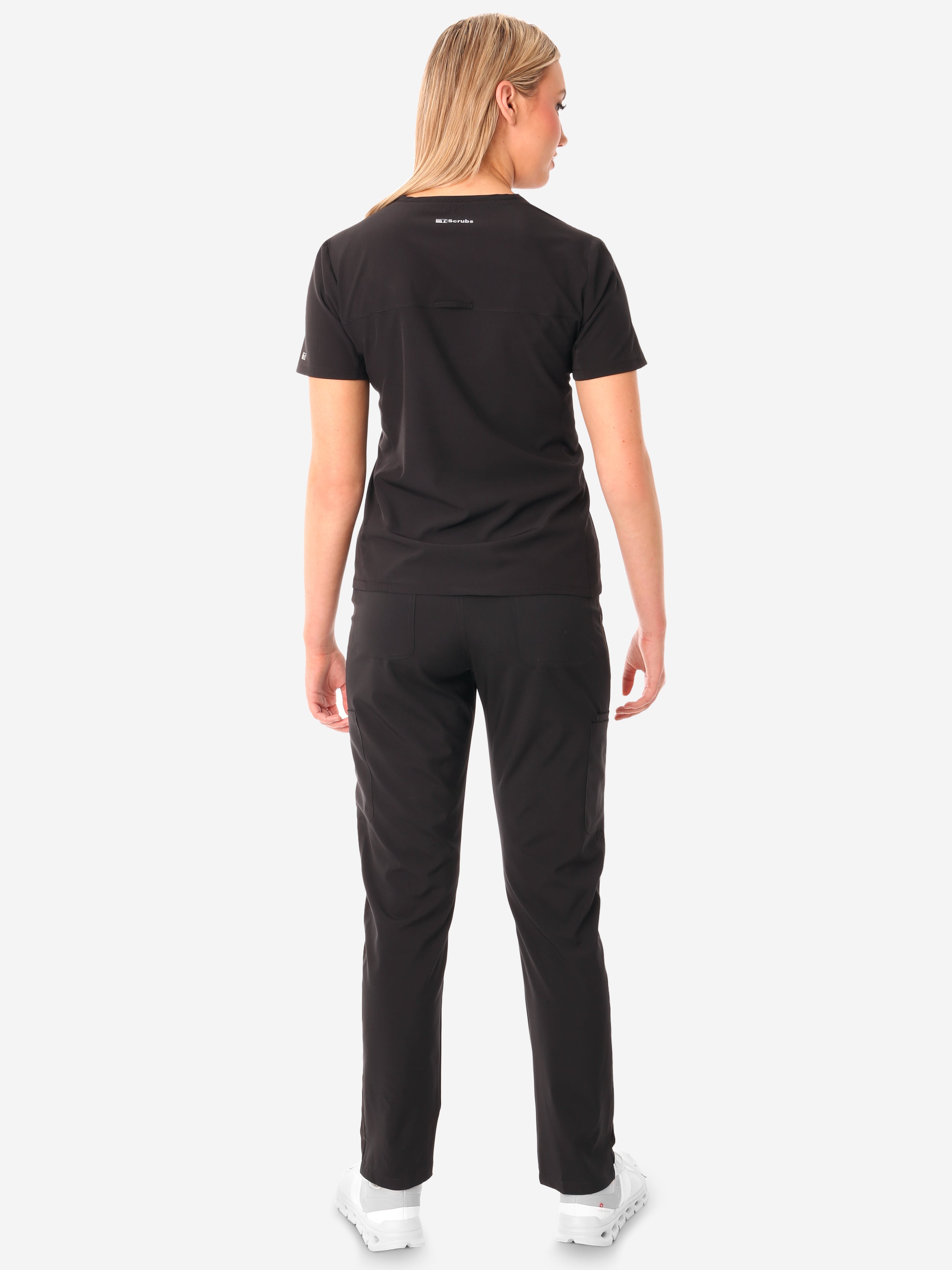 TiScrubs Stretch Women&#39;s Real Black Stash-Pocket Scrub Top + 9-Pocket Pants Full Body Back View