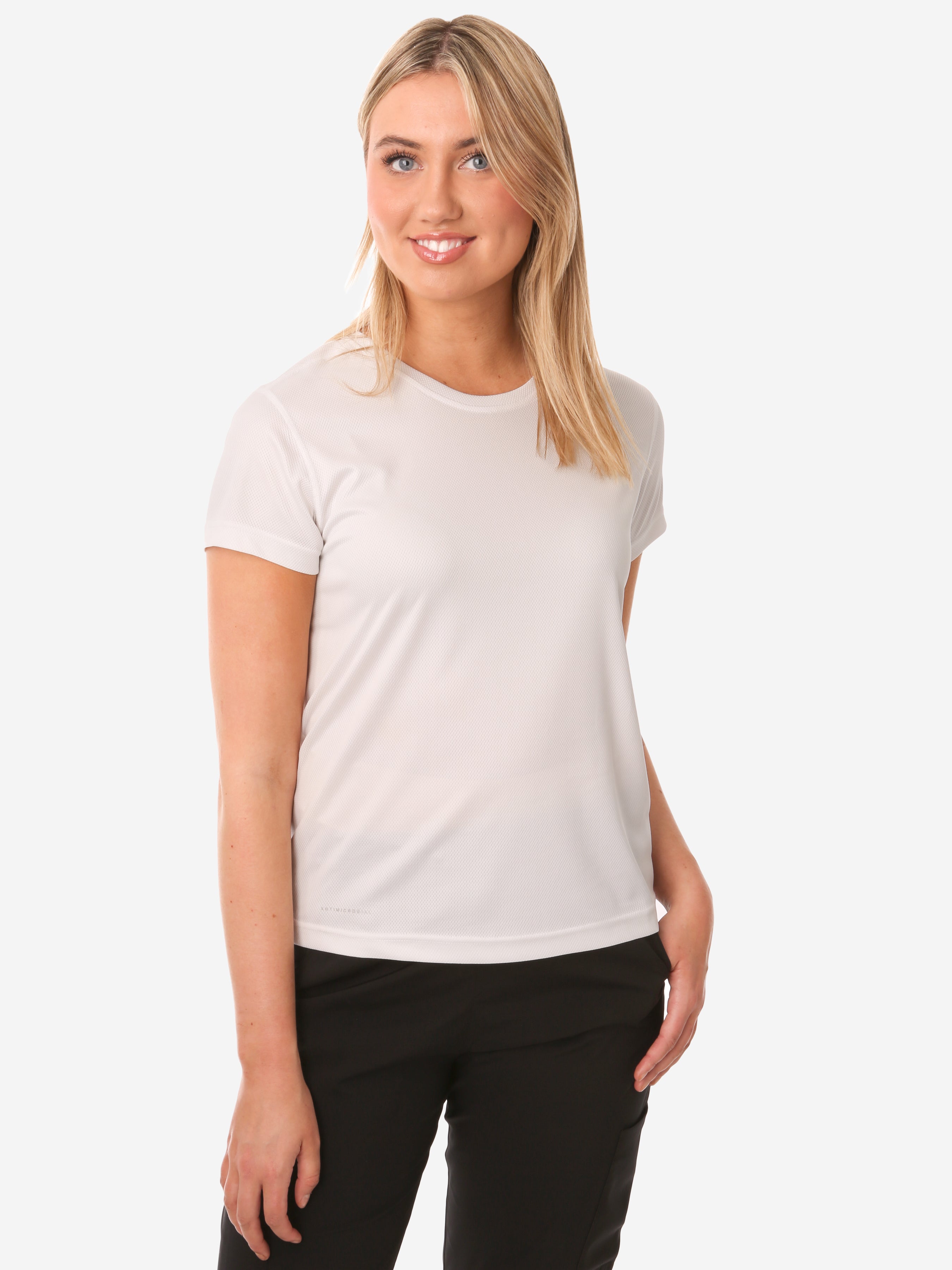 TiScrubs Women&#39;s White Mesh Short-Sleeve Underscrub Top Only Front