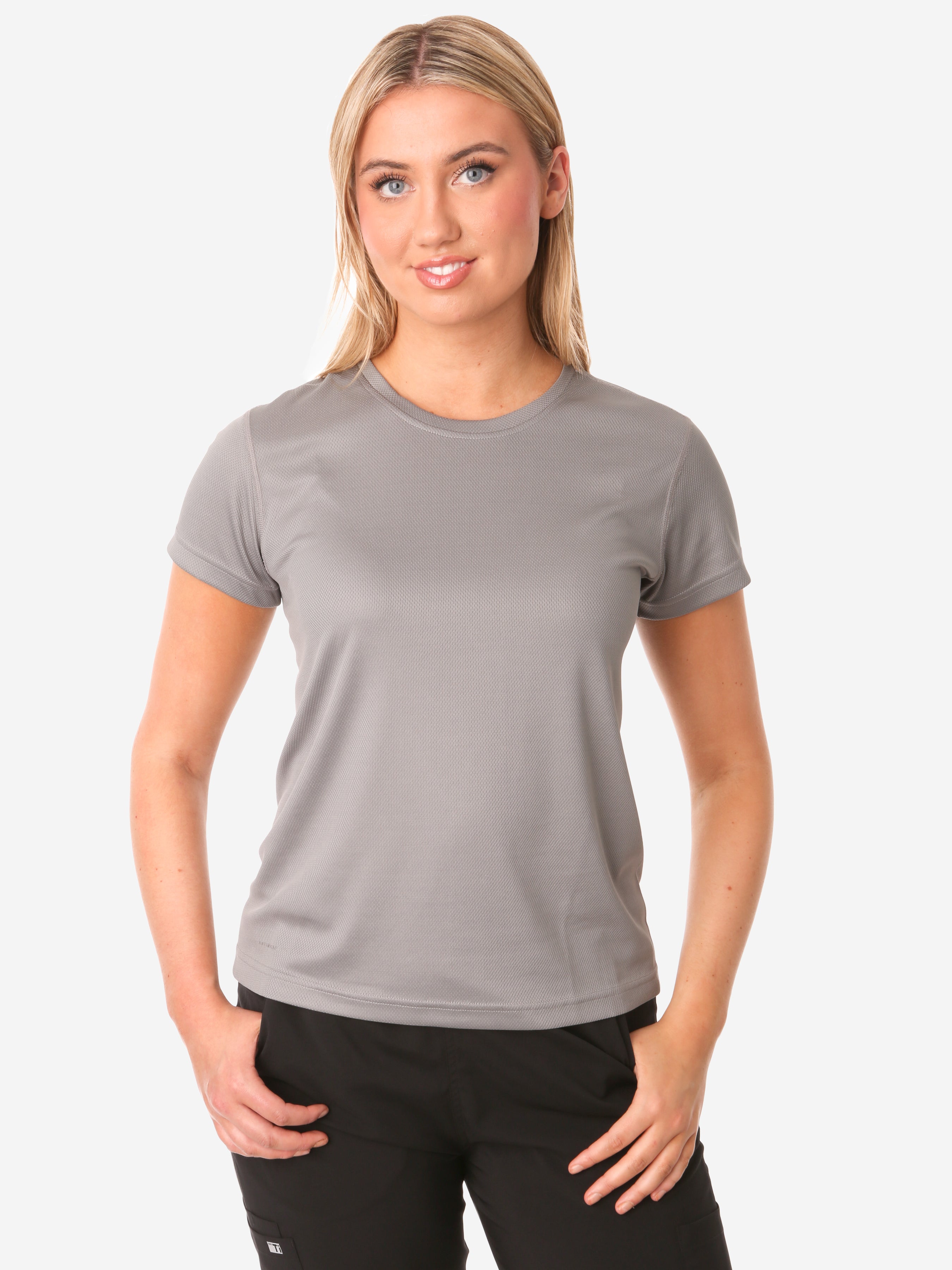 TiScrubs Women&#39;s Titanium Gray Mesh Short-Sleeve Underscrub Top Only Front