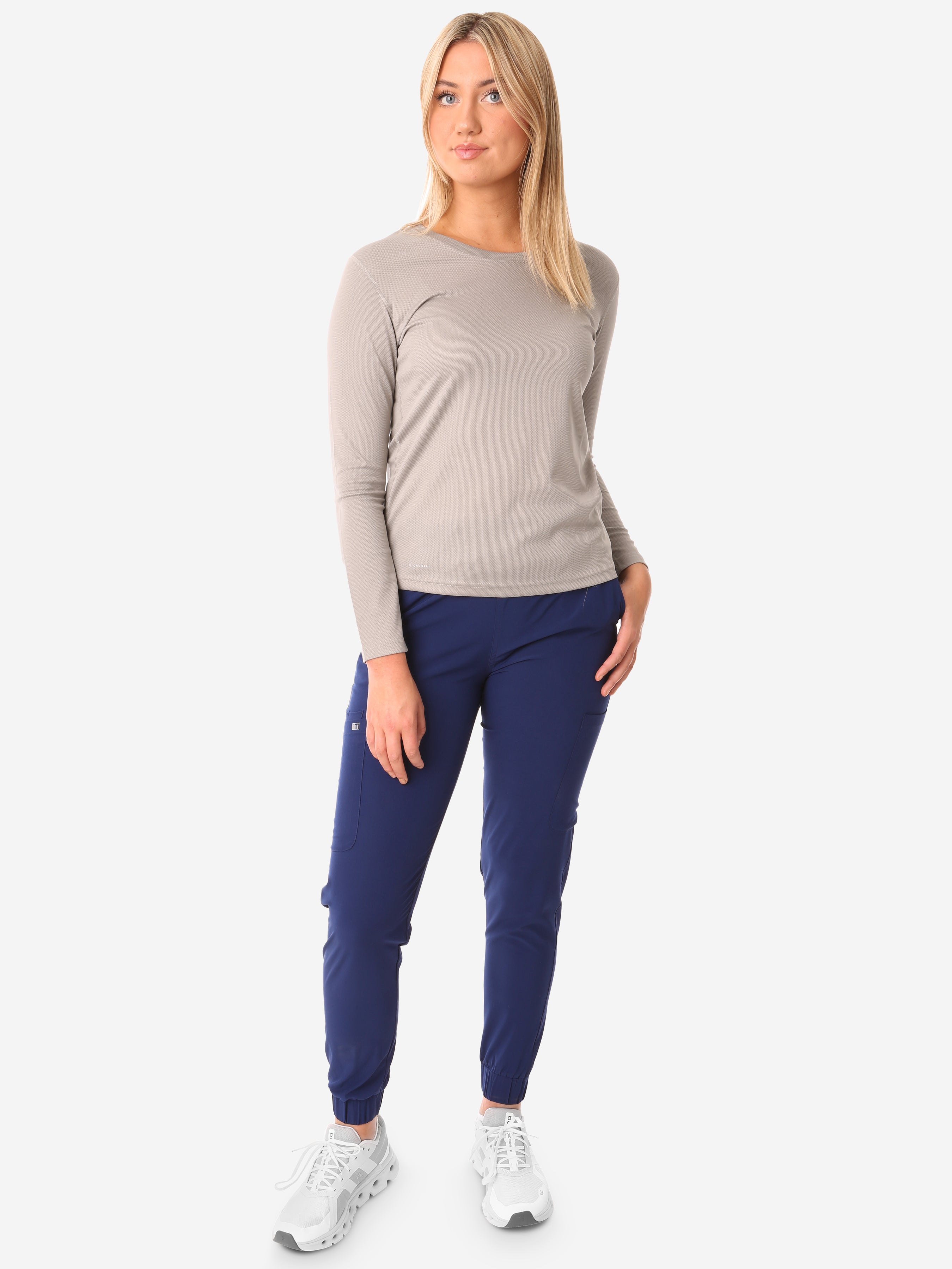 TiScrubs Titanium Gray Women&#39;s Mesh Long Sleeve Underscrub + Navy Jogger Scrub Pants Full Body Front