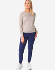 TiScrubs Titanium Gray Women's Mesh Long Sleeve Underscrub + Navy Jogger Scrub Pants Full Body Front