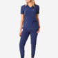 TiScrubs Women's Stretch Navy Blue One-Pocket Scrub Top Untucked and Joggers Front View Full Body