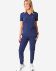 TiScrubs Women's Stretch Navy Blue One-Pocket Scrub Top Untucked and Joggers Front View Full Body