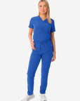 TiScrubs Royal Blue Women's Stretch 9-Pocket Pants and One-Pocket Tuckable Top Front View Full Body