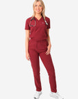 TiScrubs Bold Burgundy Women's Stretch 9-Pocket Pants and One-Pocket Tuckable Top Front View Full Body
