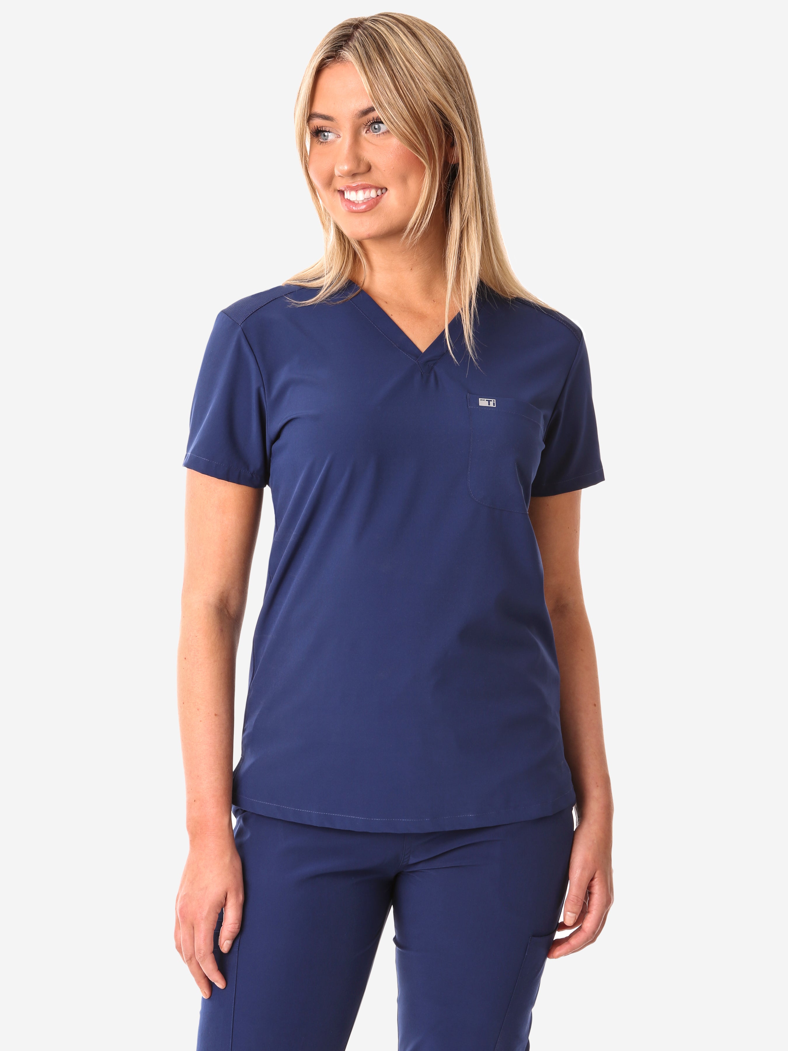 TiScrubs Women&#39;s Stretch Navy Blue One-Pocket Scrub Top Untucked Front View Top Only