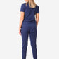 TiScrubs Women's Stretch Navy Blue One-Pocket Scrub Top Untucked and Joggers Back View Full Body