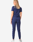 TiScrubs Women's Stretch Navy Blue One-Pocket Scrub Top Untucked and Joggers Back View Full Body