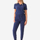 TiScrubs Women's Stretch Navy Blue One-Pocket Scrub Top Tucked and Joggers Front View Full Body