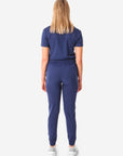 TiScrubs Navy Blue Women's Stretch Perfect Jogger Pants and One-Pocket Tuckable Top Back View Full Body