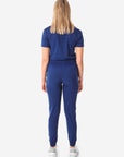 Women's Navy Blue Perfect Scrub Joggers Full Body Back with One-Pocket Scrub Top Tucked