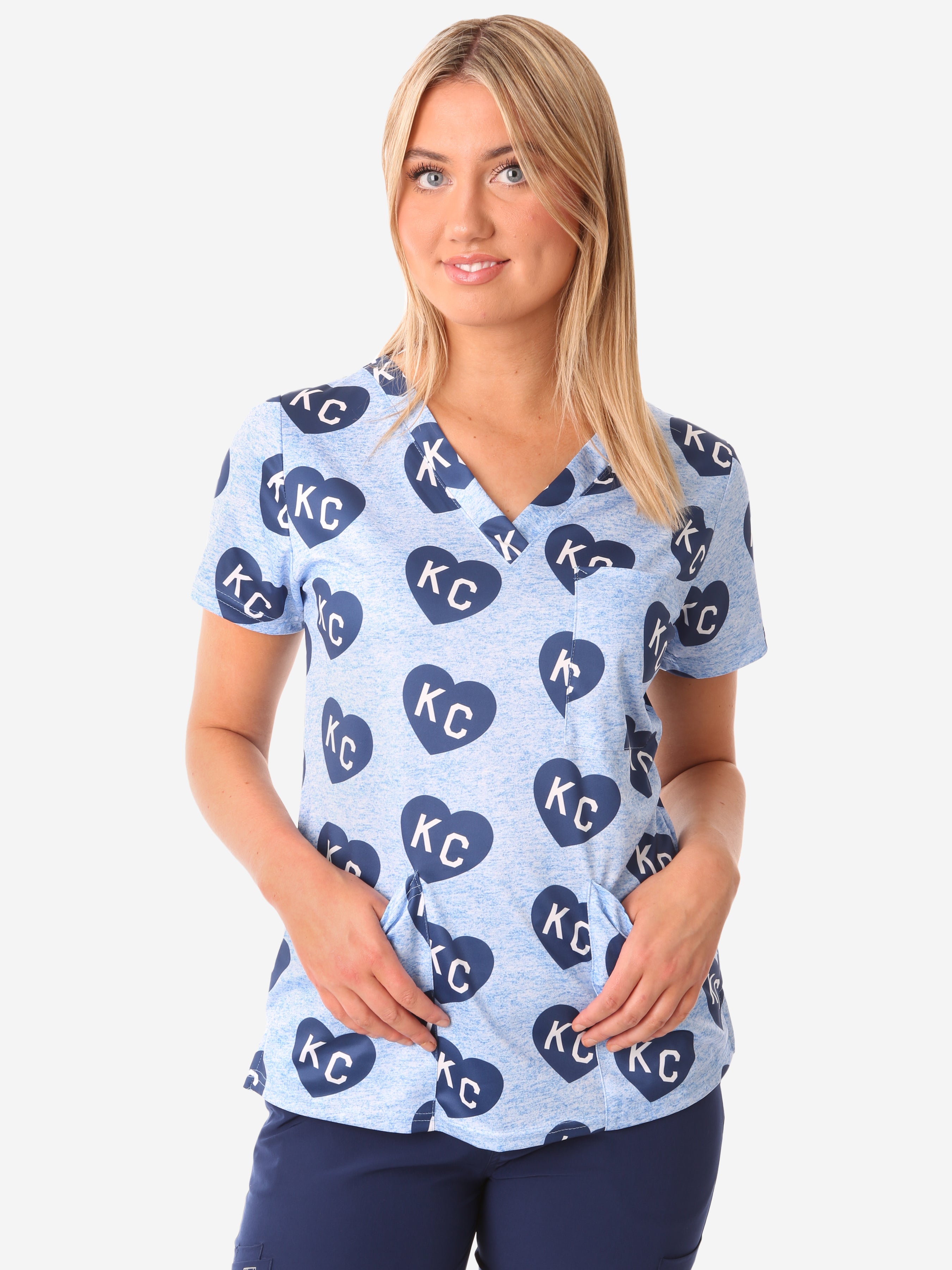 Women's Charlie Hustle Scrub Top All-Over KC Heart Design Three Pockets_Top Only_Front