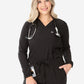 Women's Real Black Long-Sleeve Scrub Top Front View Top Only Tucked with Stethoscope
