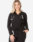 Women's Real Black Long-Sleeve Scrub Top Front View Top Only Tucked with Stethoscope