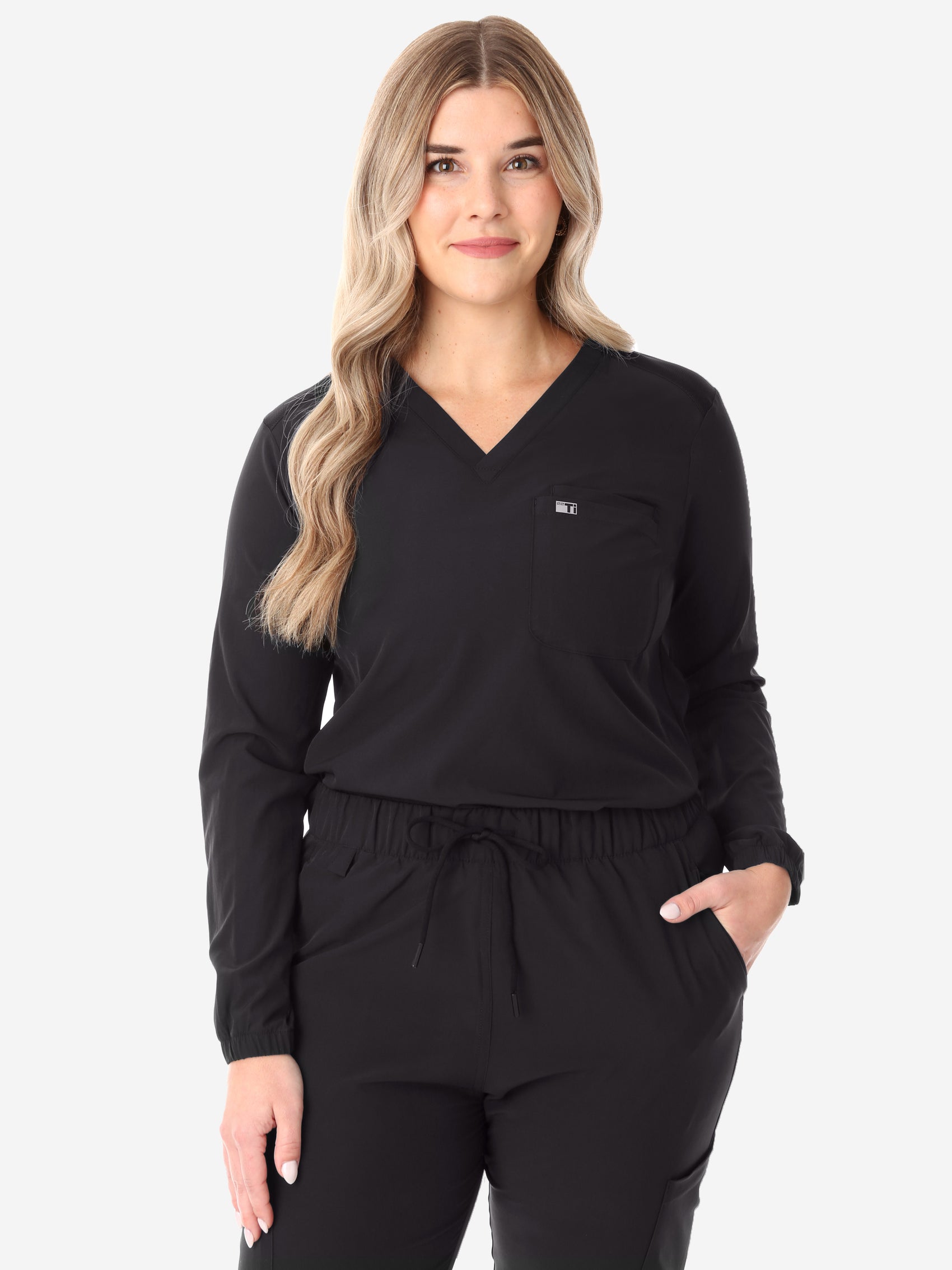 Women's Real Black Long-Sleeve Scrub Top Tucked Front View Top Only