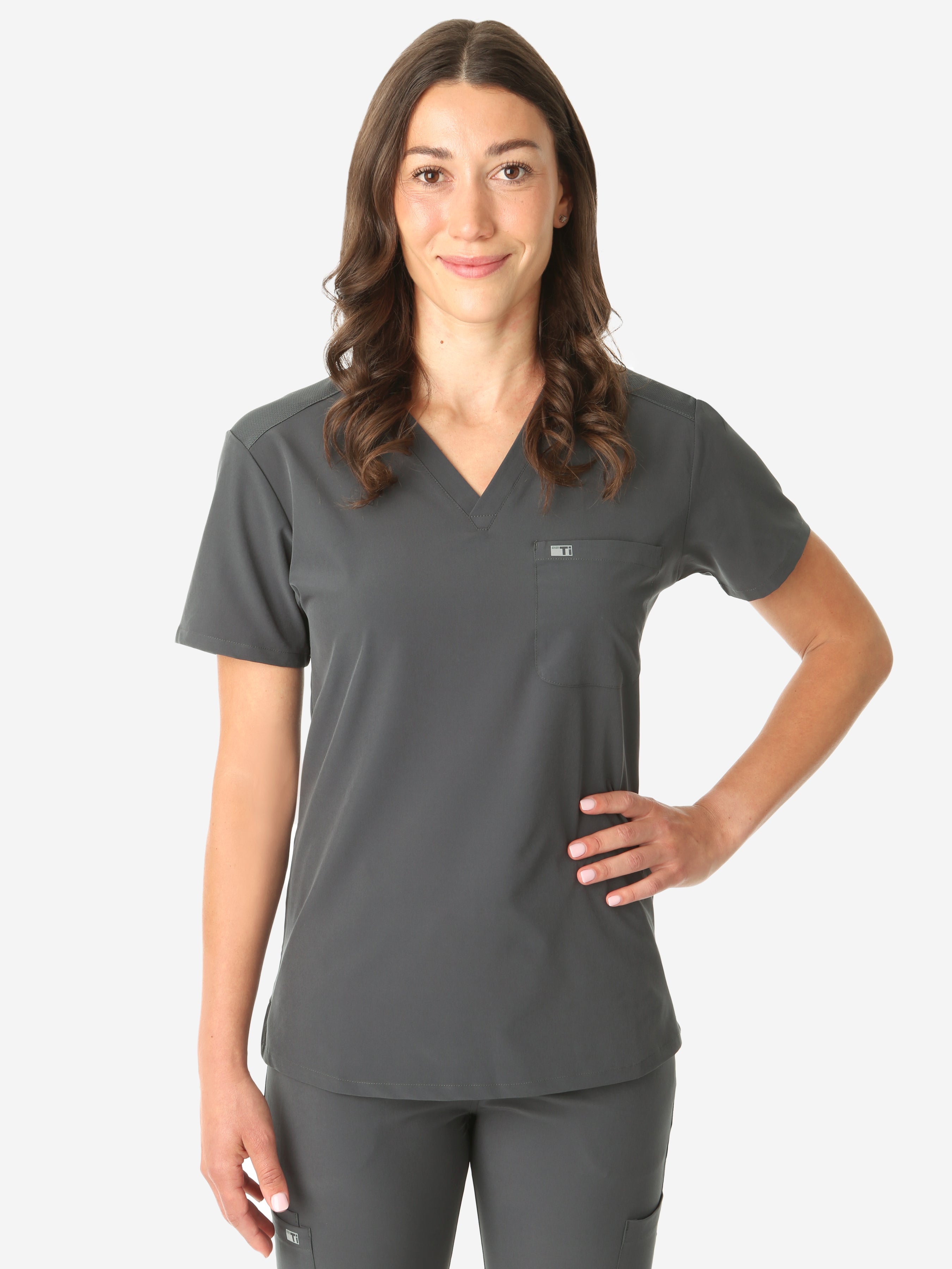 TiScrubs Women&#39;s Stretch One-Pocket Scrub Top Charcoal Gray Untucked Front Top Only