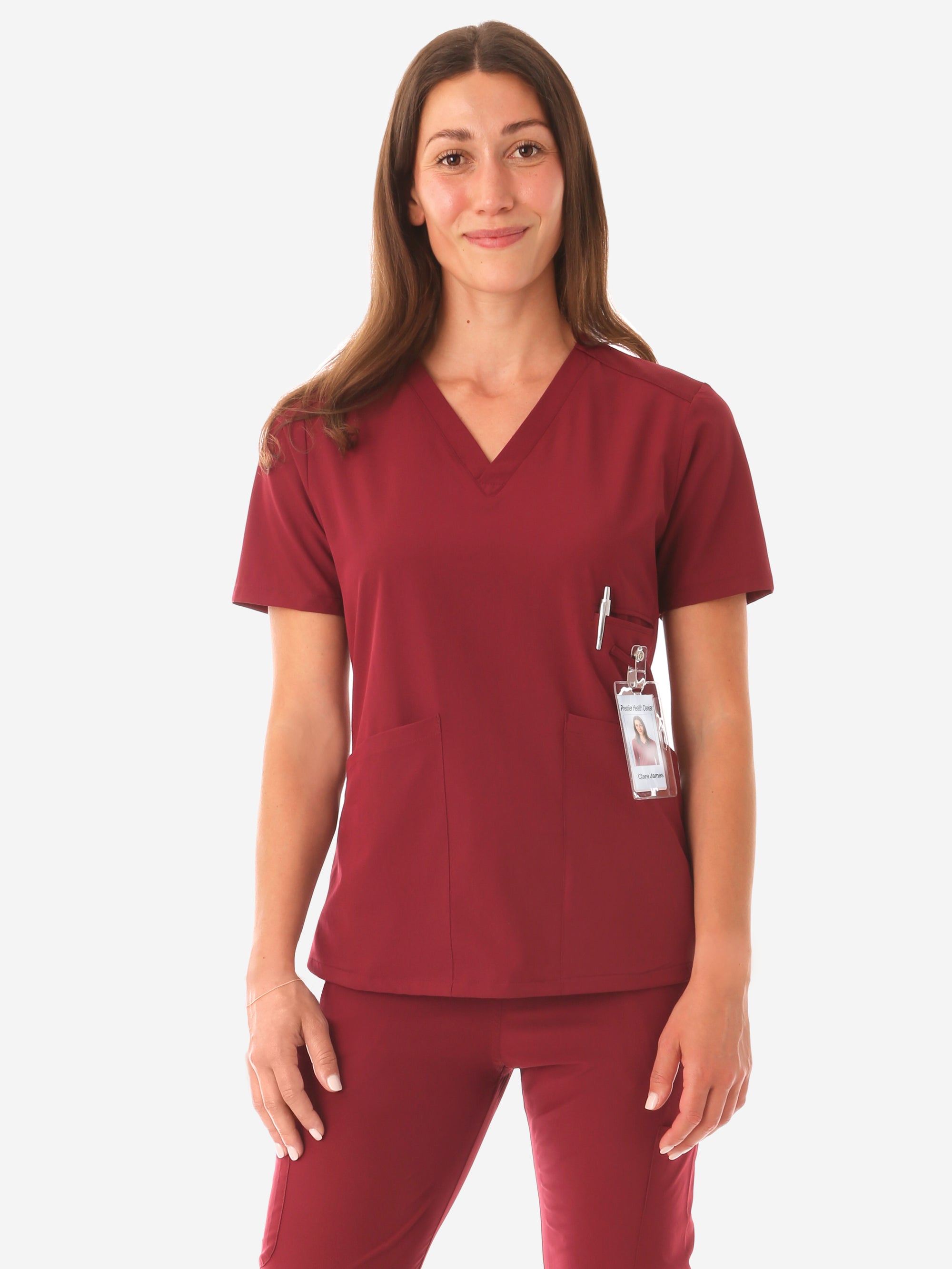 Women&#39;s Four-Pocket Scrub Top Bold Burgundy Front View