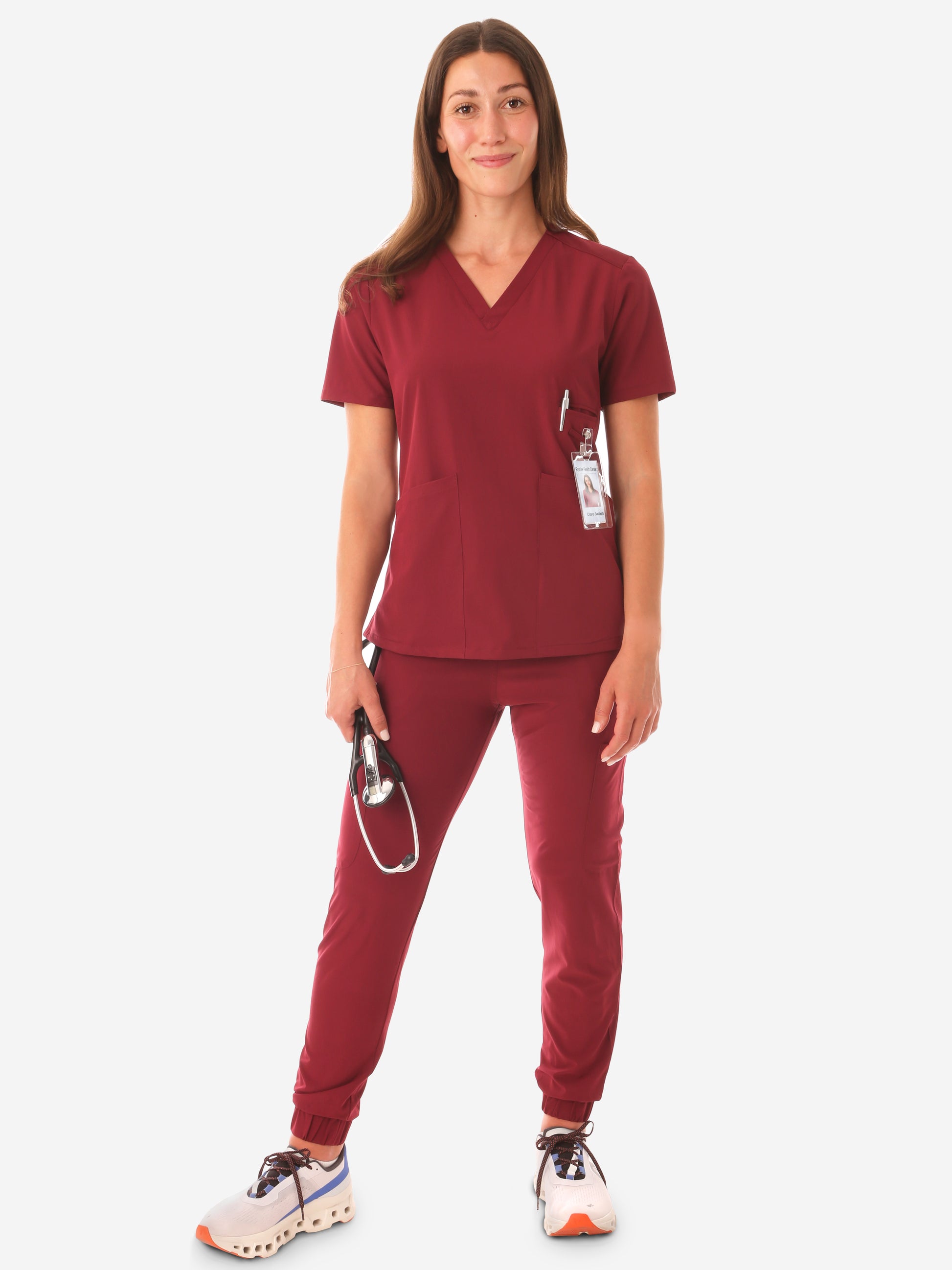 Women's Four-Pocket Scrub Top Bold Burgundy with Perfect Scrub Joggers  Front View